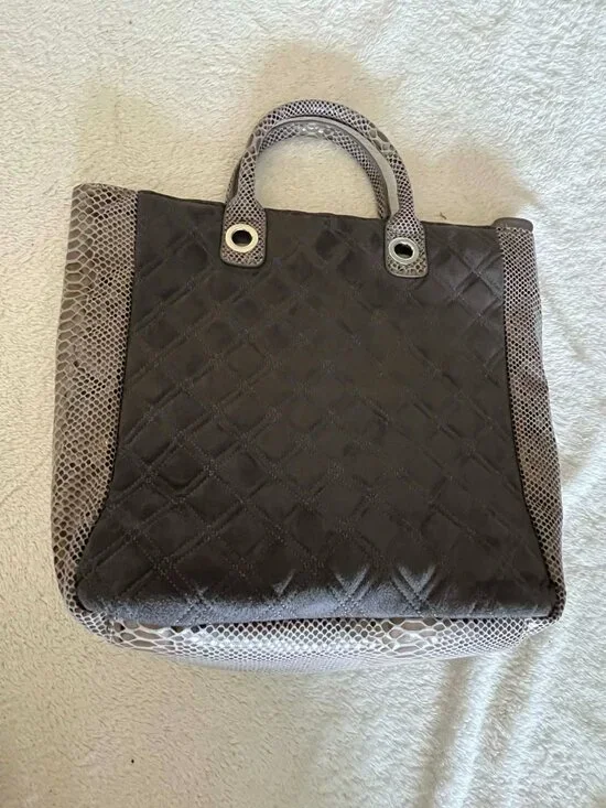 Chico's Gray Quilted Tote Bag Faux Snakeskin Trim and silver Tone - Picture 2 of 7